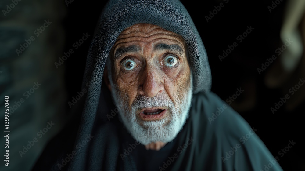 Elderly man with hooded cloak, wide-eyed and startled expression Elderly man with hooded cloak, wide-eyed and startled expression