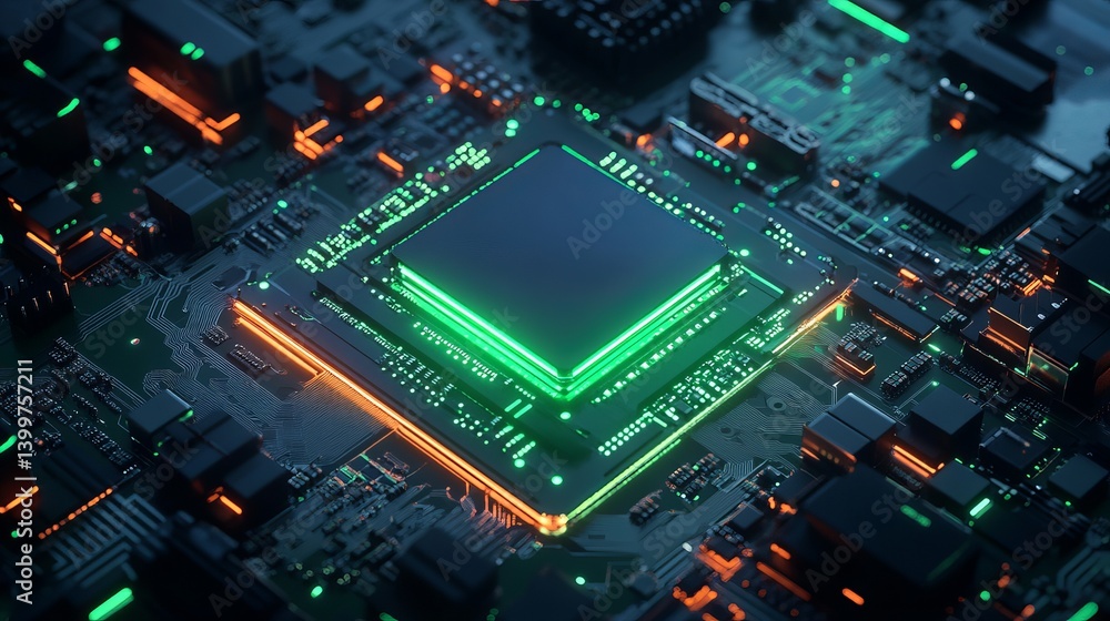 Fototapeta premium Close up view of a computer chip with green and orange lights highlighting the intricate design