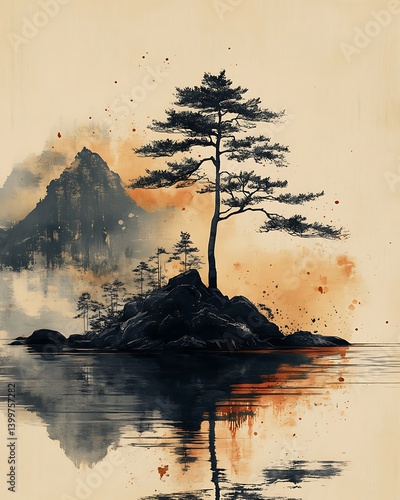 A minimalist Zen ink landscape featuring a single curved pine tree overlooking a tranquil lake, subtle ink splashes for texture, balanced negative space, soft ambient lighting.