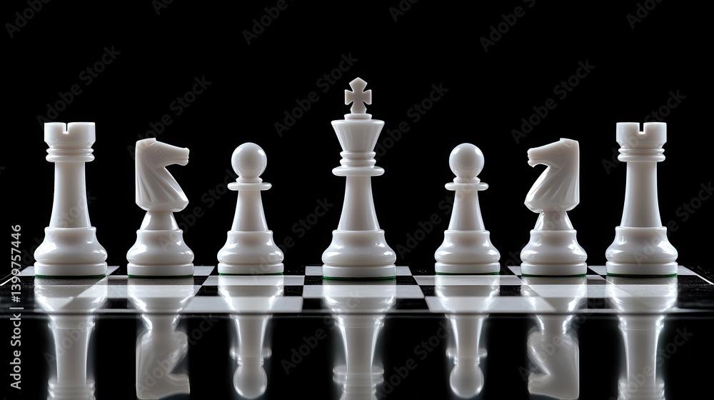 White chess pieces aligned on board with reflective surface and black background White chess pieces aligned on board with reflective surface and black background