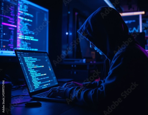 Hacker in hoodie working on laptop with neon blue and purple light and digital noise in dark space Generative AI