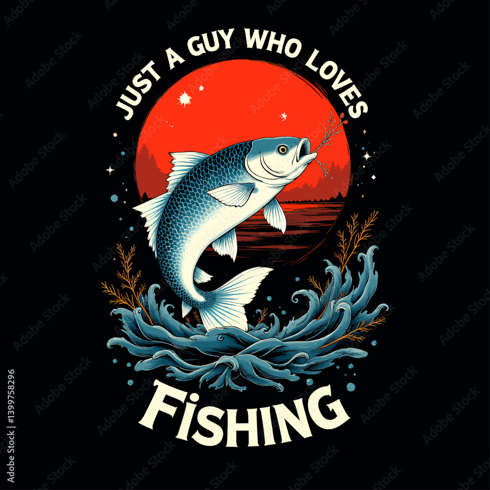 Leaping Fish with Red Sun and Waves Graphic