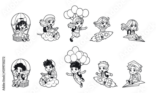 Kids character with flying concept vector outline illustration set