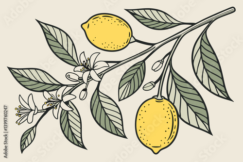 Hand-Drawn Lemon Fruits with Leaves and Flowers for Summer Designs