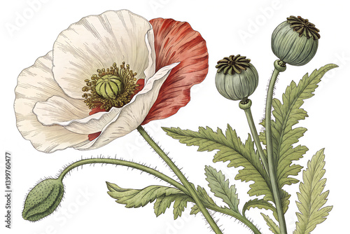 Poppy Flower Illustration - Medicinal Use and Botanical Study