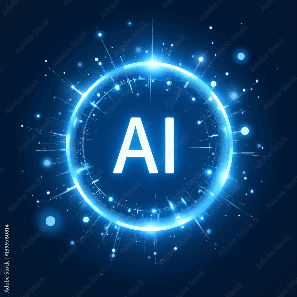 Glowing AI sphere with light bursts on dark blue background