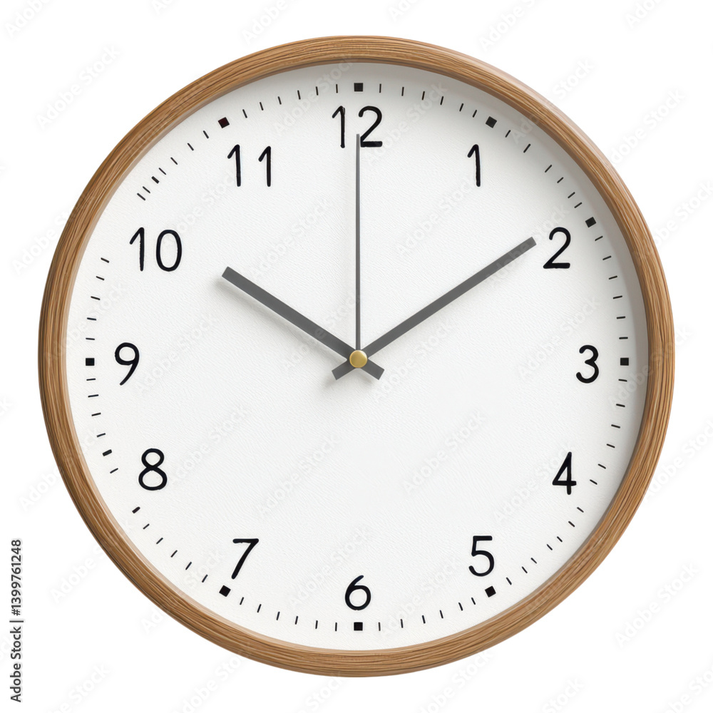 A round wall clock with a simple design featuring black hour and minute hands, a gold second hand, and large numeric markers.
