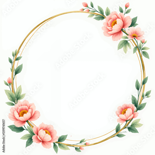 Floral wreath with pink peonies and golden frame