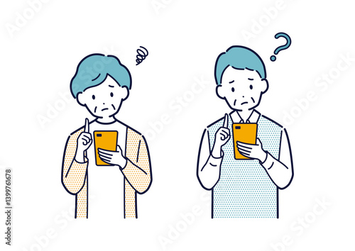 困りながらスマホを使う高齢者のイラスト