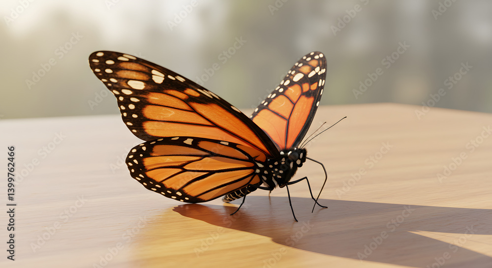 Fototapeta premium Beautiful Monarch butterfly (Danaus plexippus) perched on a wooden surface, its bright orange and black wings captured in sharp focus detail.