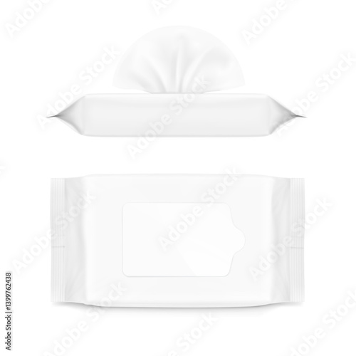 Wet wipes flow package mockup with realistic flap. Vector illustration isolated on white background. Can be use for your design, promo, adv and etc. EPS10.