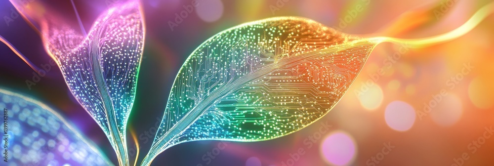 Obraz premium Biodigital Leaf Nature Meets Technology - Abstract Colorful Representation of Sustainable Innovation