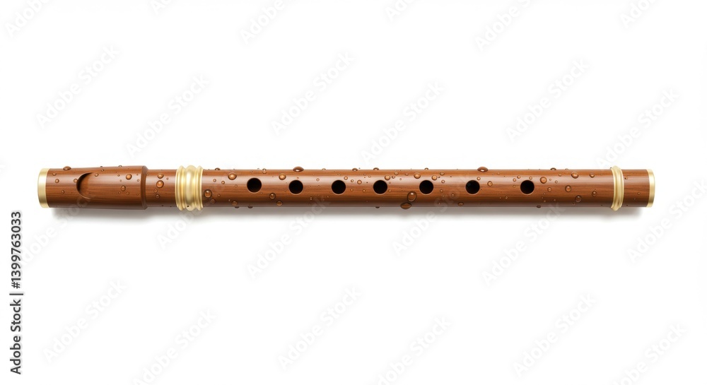 Naklejka premium Close-up of a wooden flute with water droplets, showcasing craftsmanship and musical potential - flute wood