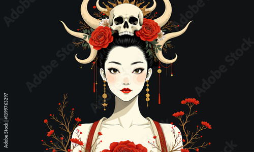Obraz na płótnie Elegant woman with skull, horns, and red roses headdress w salonie