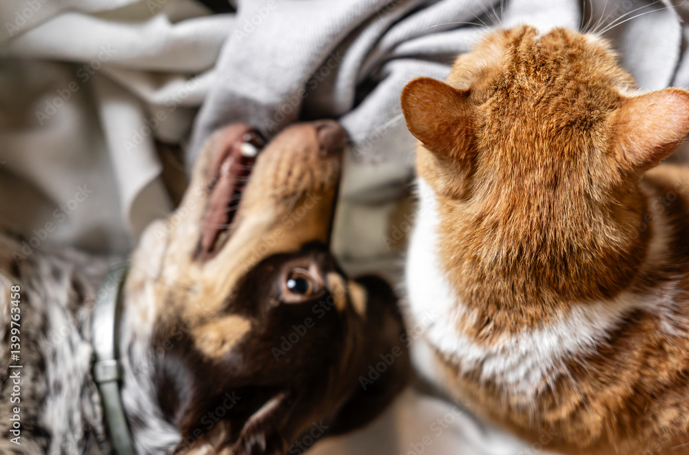 Obraz premium A cozy scene of a dog and cat relaxing together at home. Snuggled on a chair with soft blankets, they play and pose side by side, capturing warmth, friendship, and family vibes