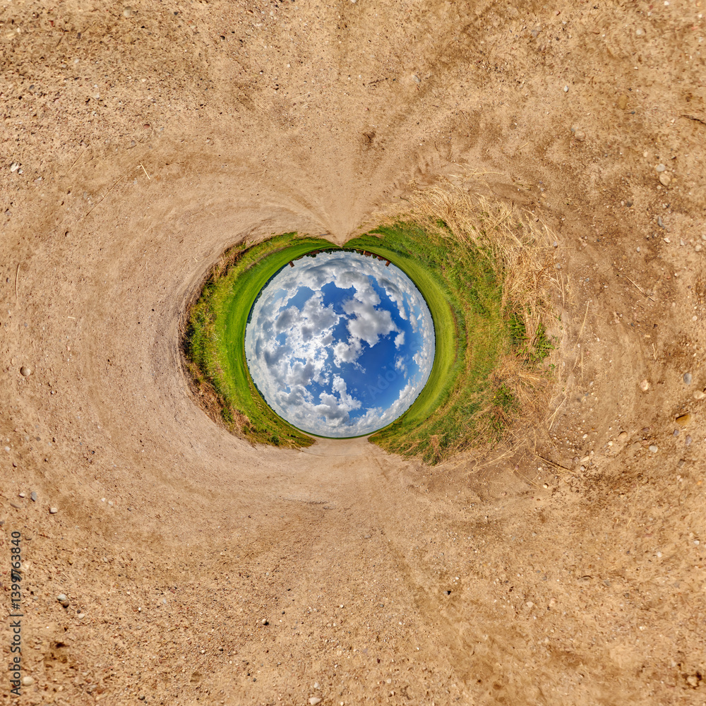 blue hole sphere or globe little planet inside grass or sand or dry ground frame background with tractor tracks
