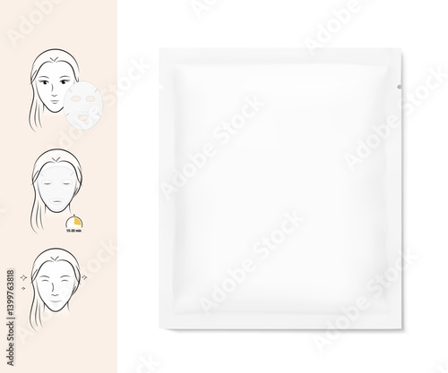 Sachet bag mockup for facial mask with set icons. Vector illustration isolated on white background. Flat lay view. Can be use for template your design, presentation, promo, ad. EPS10.
