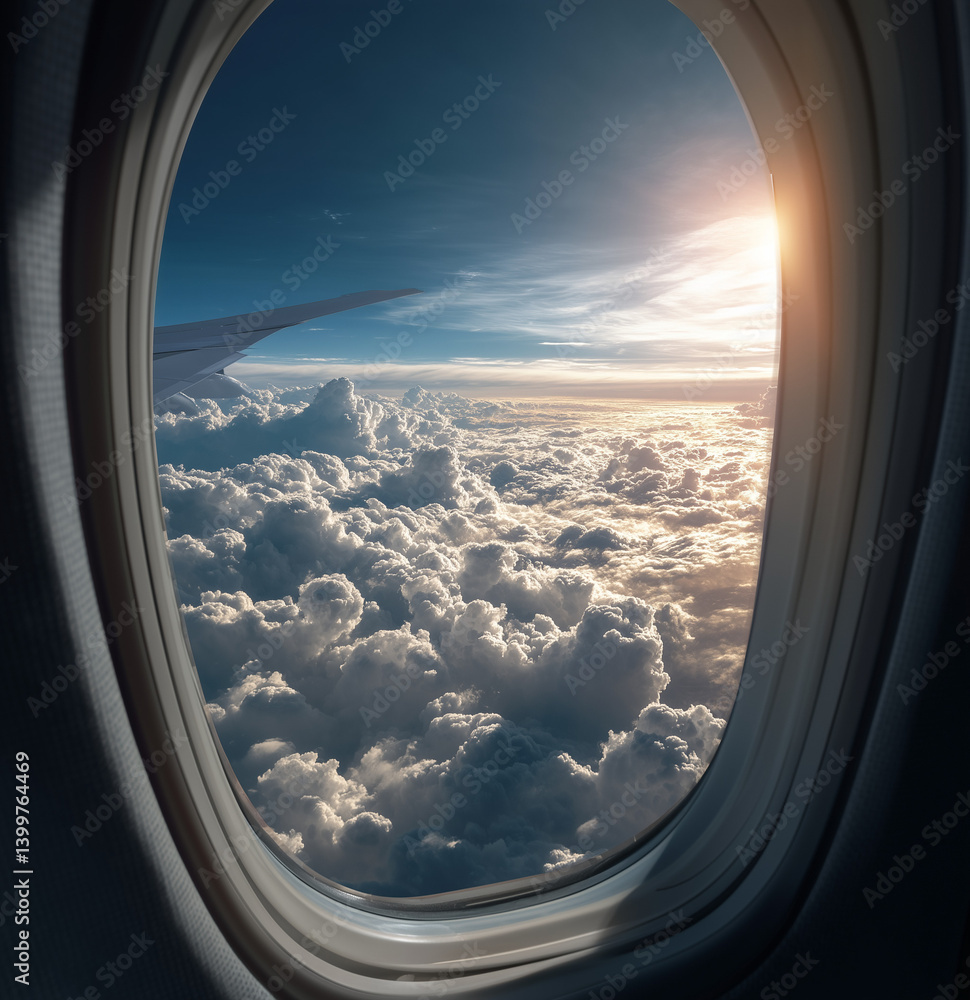 Airplane window view with blue sky and fluffy white clouds Airplane window view with blue sky and fluffy white clouds