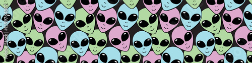 Seamless pattern with Aliens heads in doodle flat style. Humanoids, visitors, Martians. Vector illustration, wallpaper on theme of space, UFO, conspiracy theory, Sci-fi, fantastic