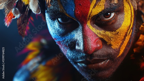 Intense Tribal Face Paint Portrait with Feathers, Cultural Identity Expression for Editorial Use