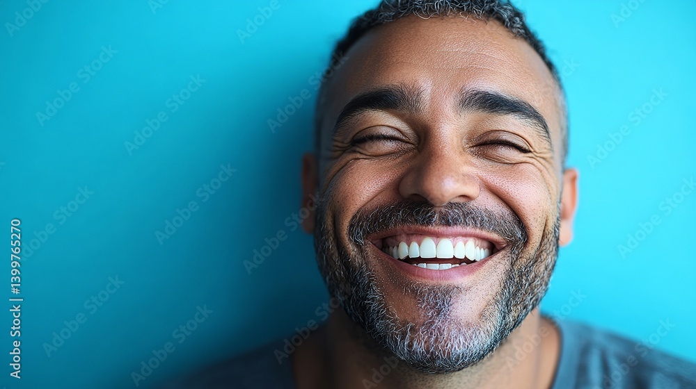 Portrait of a happy man smiling with perfect teeth dental health and wellness on a blue background studio shot Portrait of a happy man smiling with perfect teeth dental health and wellness on a blue background studio shot