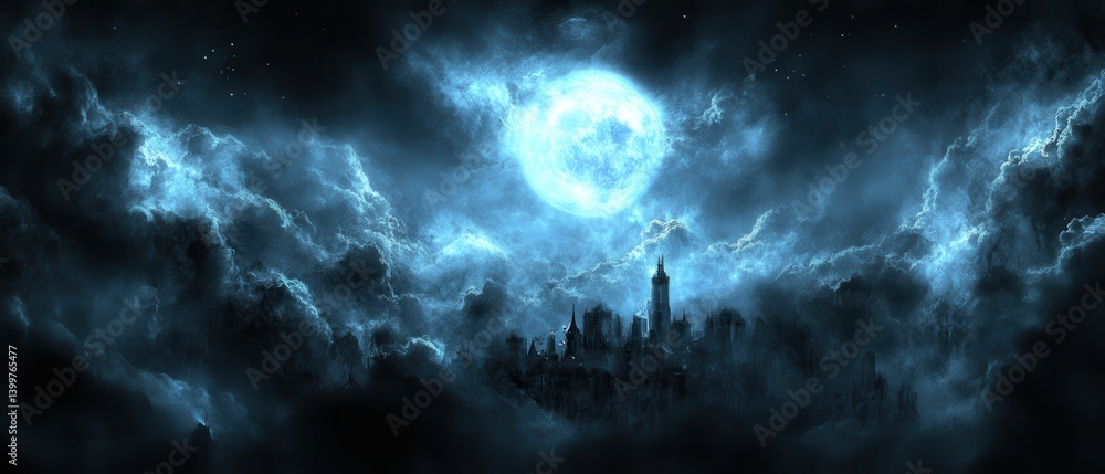 Fototapeta premium Night Cityscape, Moonlit Cloudscape, Fantasy Game Background