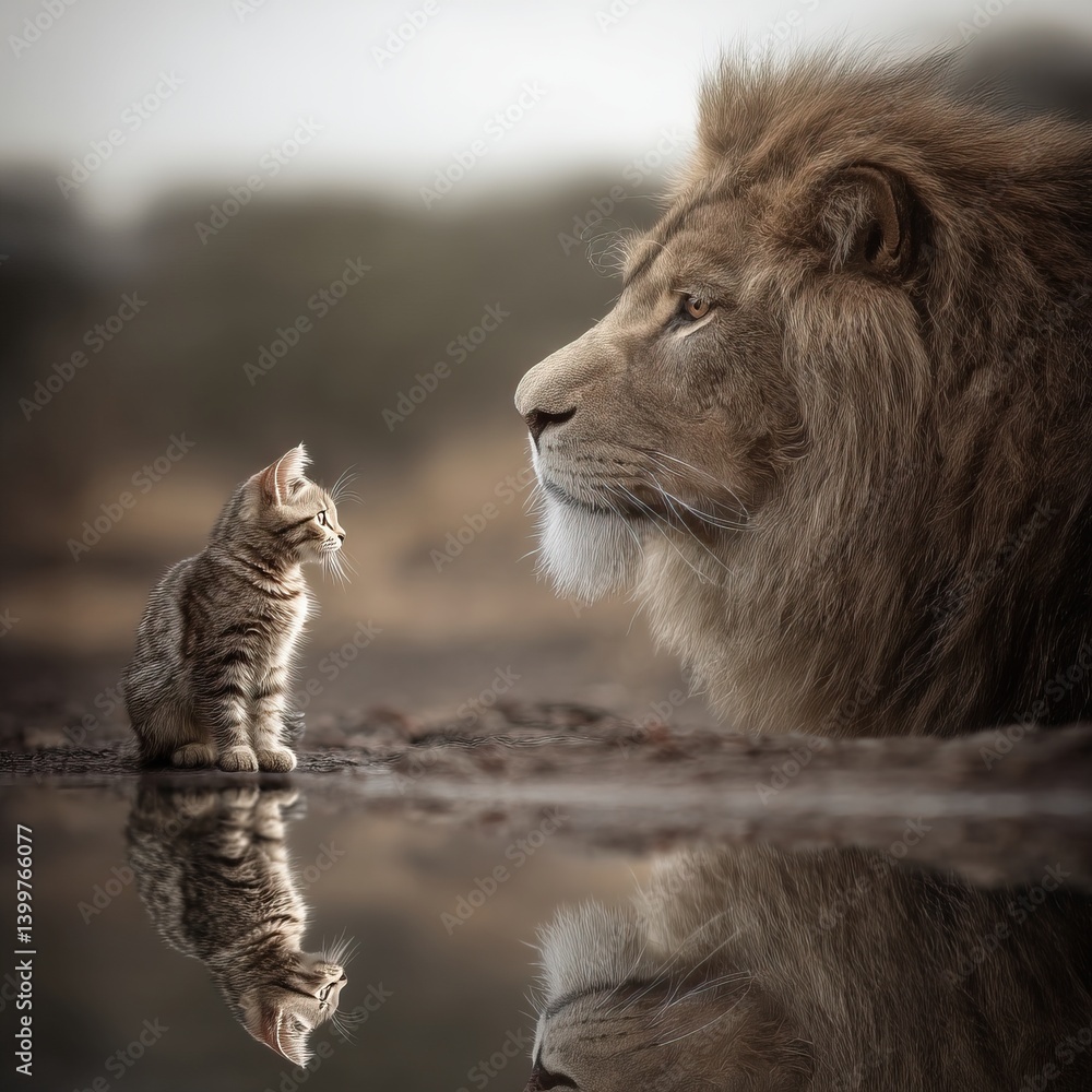 Fototapeta premium Small cat reflecting himself as a big lion in the water