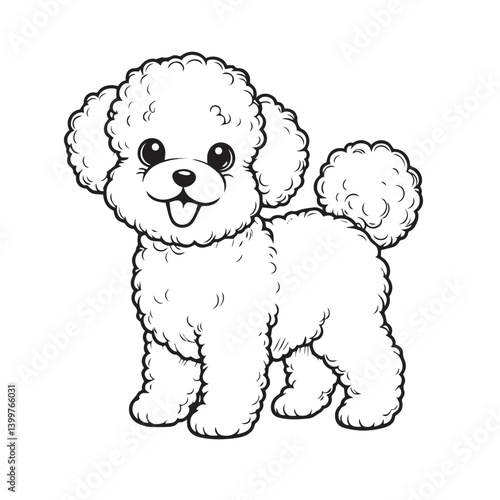 Cute Bichon Frisé Standing Black and White Outline – Dog Vector Illustration