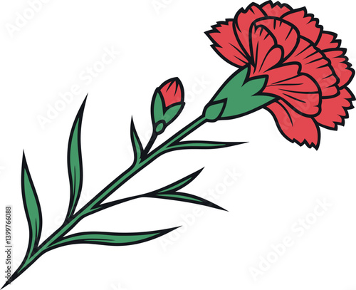 Vibrant red carnation flower illustration with green stem and leaves. Beautiful scarlet carnation drawing with textured petals and a closed bud. 