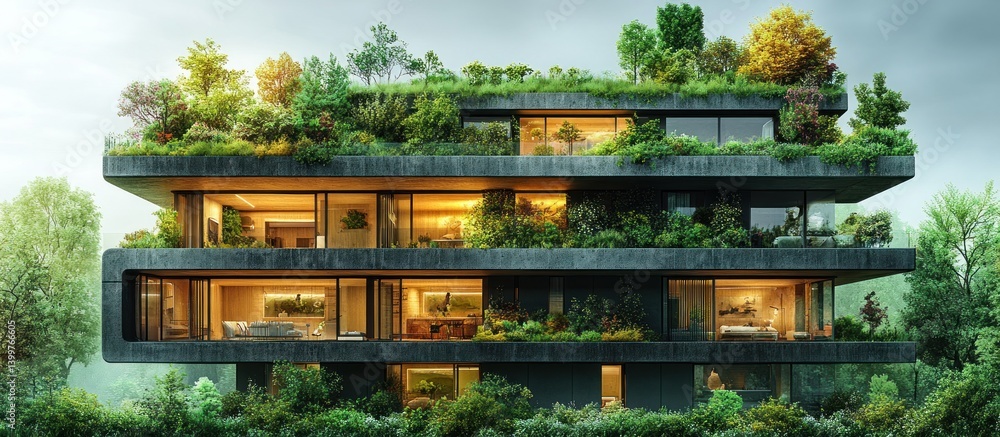 Green, multi-level building with lush rooftop gardens and illuminated interiors Green, multi-level building with lush rooftop gardens and illuminated interiors