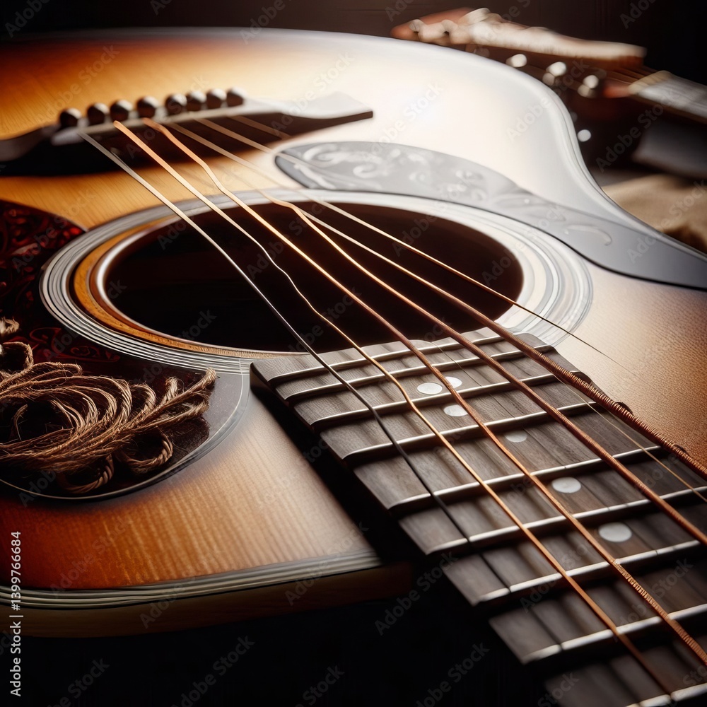 Obraz premium Guitar Strings and Body A close up of guitar strings and the bod