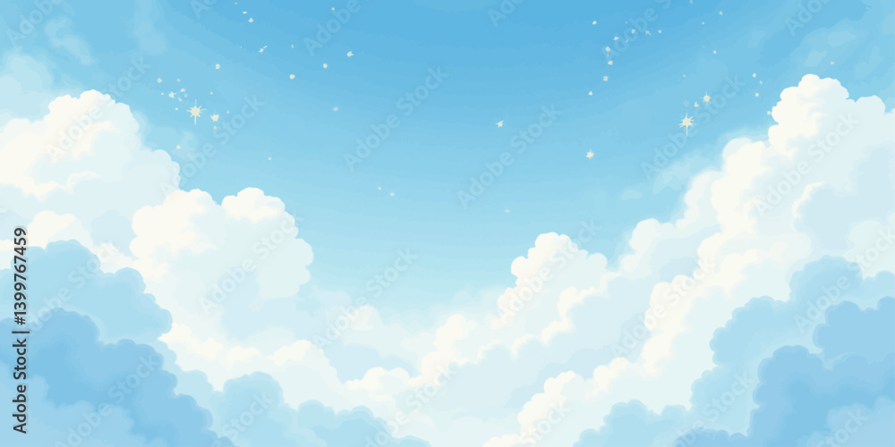 Cartoon Sky with Fluffy Clouds and Sparkling Stars