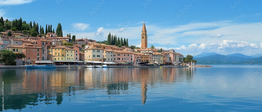 Fototapeta premium Lakeside village, bell tower, summer, mountains