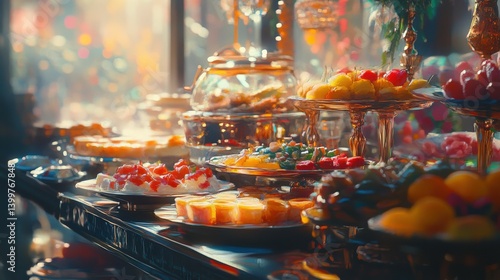 A beautifully arranged dessert table featuring an array of colorful pastries and sweets in a festive setting