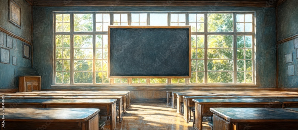 Fototapeta premium Empty Classroom Sunlight through Large Window