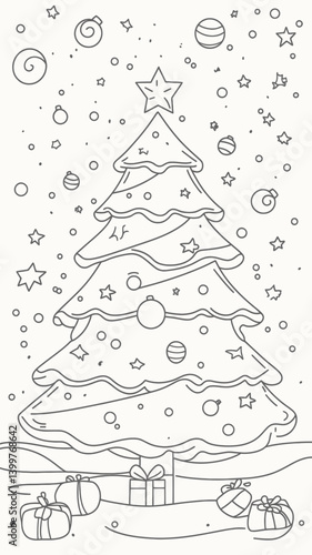 Festive Christmas Tree Coloring Page for Kids with Gifts and Ornaments Vector Art