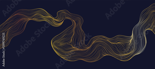 Elegant abstract line art on navy blue background. Luxury hand drawn with gold wavy line. Shining wave line design for wallpaper, banner, print, cover, wall art, home decor, package.