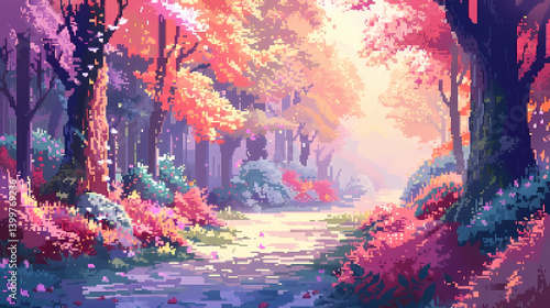 Sentier pixel art lumineux en forêt féerique, arbres aux feuilles roses et violettes, sous-bois coloré, ambiance magique et sereine