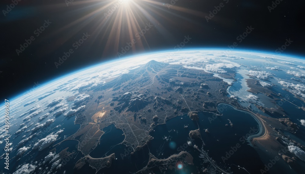 Fototapeta premium Earth's Curve: Sunlight Over Coastal Cities and Clouds, Space View.