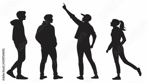 Vector silhouettes of men and a women, a group of standing business people, black color isolated on white background