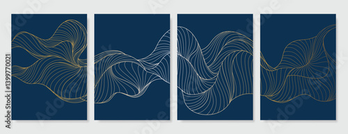 Elegant abstract line art on white card background set. Luxury hand drawn with gold wavy line. Shining wave line design for wallpaper, banner, print, cover, wall art, home decor, package.