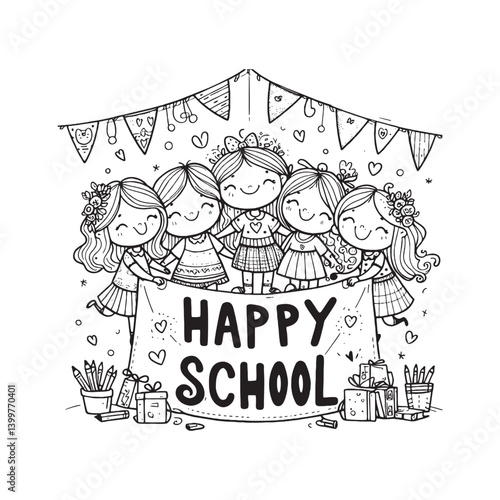 Cheerful illustration of children holding a 'Happy School' banner with decorative elements, perfect for themes of education, joy, and celebration in a childlike art style suitable for various applicat
