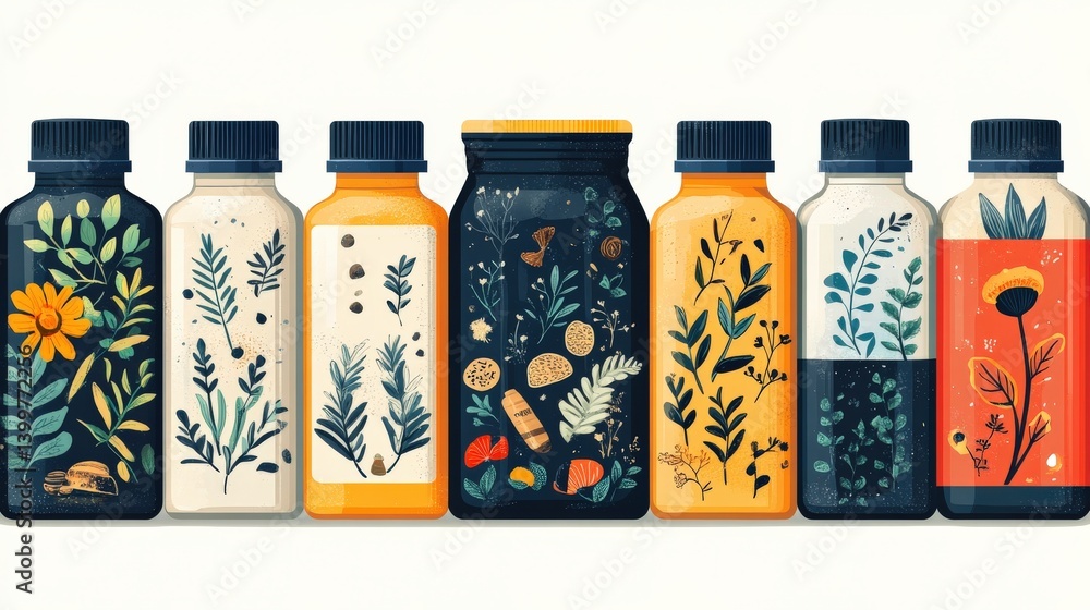 Fototapeta premium Colorful assortment of beverage bottles with botanical illustrations on display against a light background