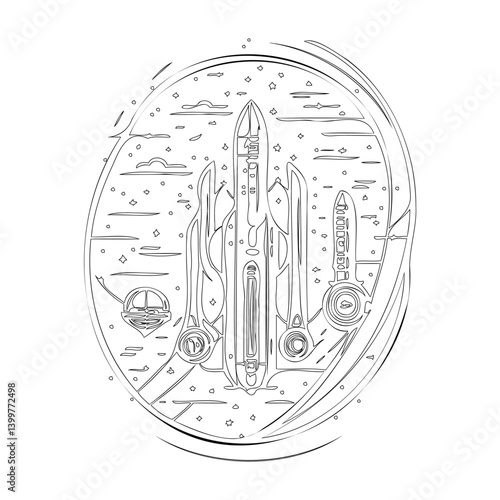 Spacecraft and Stars Isolated on White Design
