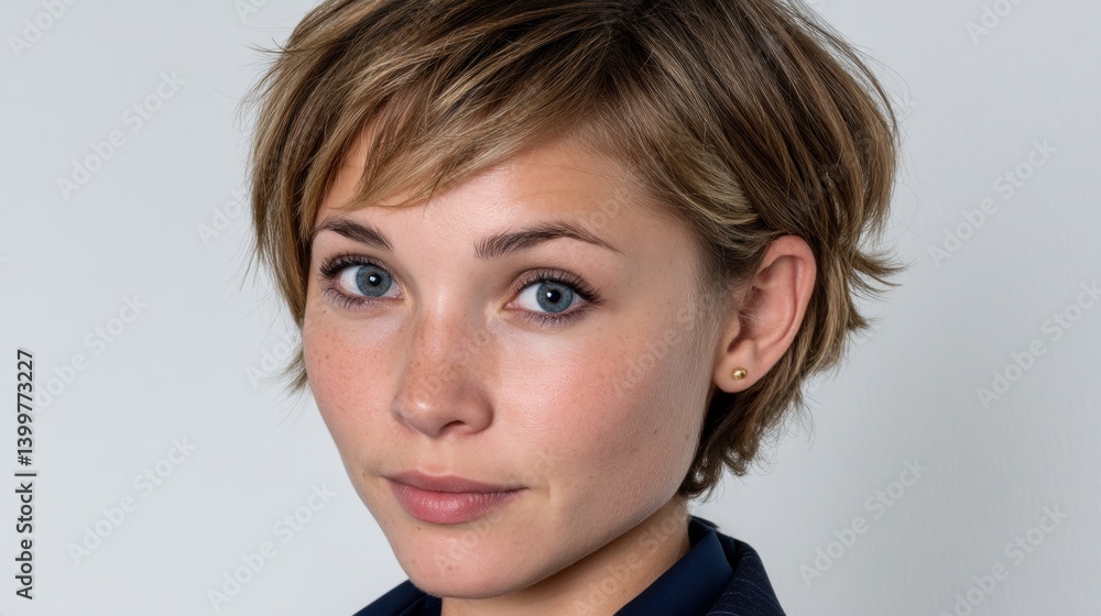 Close-up portrait of a young woman with short hair and blue eyes. Close-up portrait of a young woman with short hair and blue eyes.