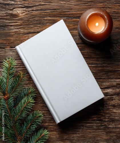 A blank book with a candle and pine branch on a wooden table.