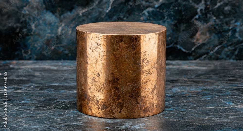 A bronze cylinder on a dark marble surface. A bronze cylinder on a dark marble surface.