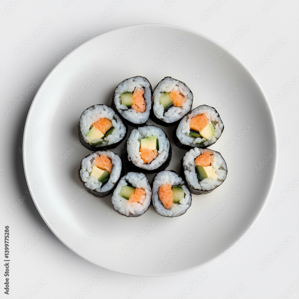 Top View of Fresh Korea kimbap Sushi Rolls with Rice, Cucumber, and Salmon on a White Plate – Minimalist Presentation for Japanese Cuisine, Food Branding, or Menu Design Top View of Fresh Korea kimbap Sushi Rolls with Rice, Cucumber, and Salmon on a White Plate – Minimalist Presentation for Japanese Cuisine, Food Branding, or Menu Design