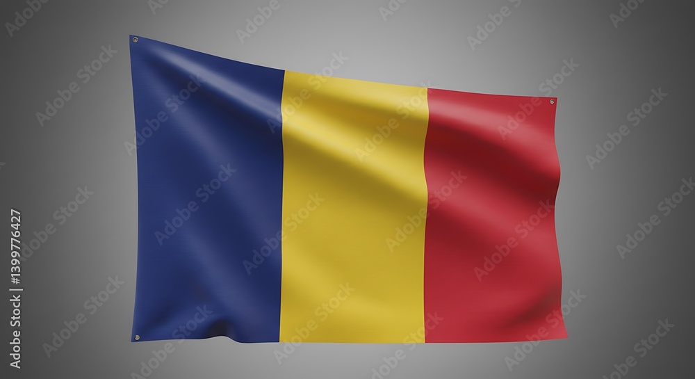 Naklejka premium Romanian Flag 3D Render Deep Blue Gold Red Hues AI Generated