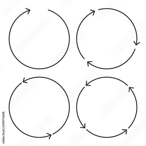 A set of four circular arrows in various directions. Each arrow represents a cycle, loop, or process flow commonly used in business, education, or diagram infographics.